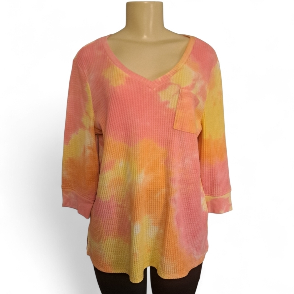 Belle by Kim Gravel Tie Dye Waffle Knit V-Neck Top Pink Yellow Size M